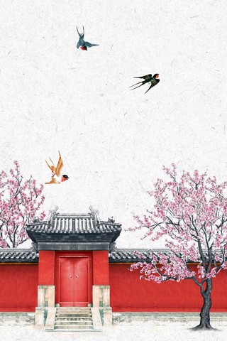 红墙碧瓦鸟语花香春意盎然立春二十四节气春天海报背景